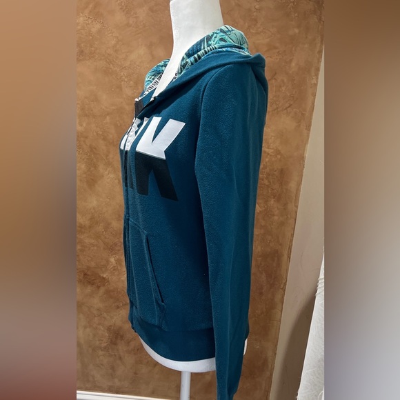 VICTORIA’S SECRET PINK Teal Perfect ZIP HOODIE Logo Tropical Palm Medium - Picture 2 of 6